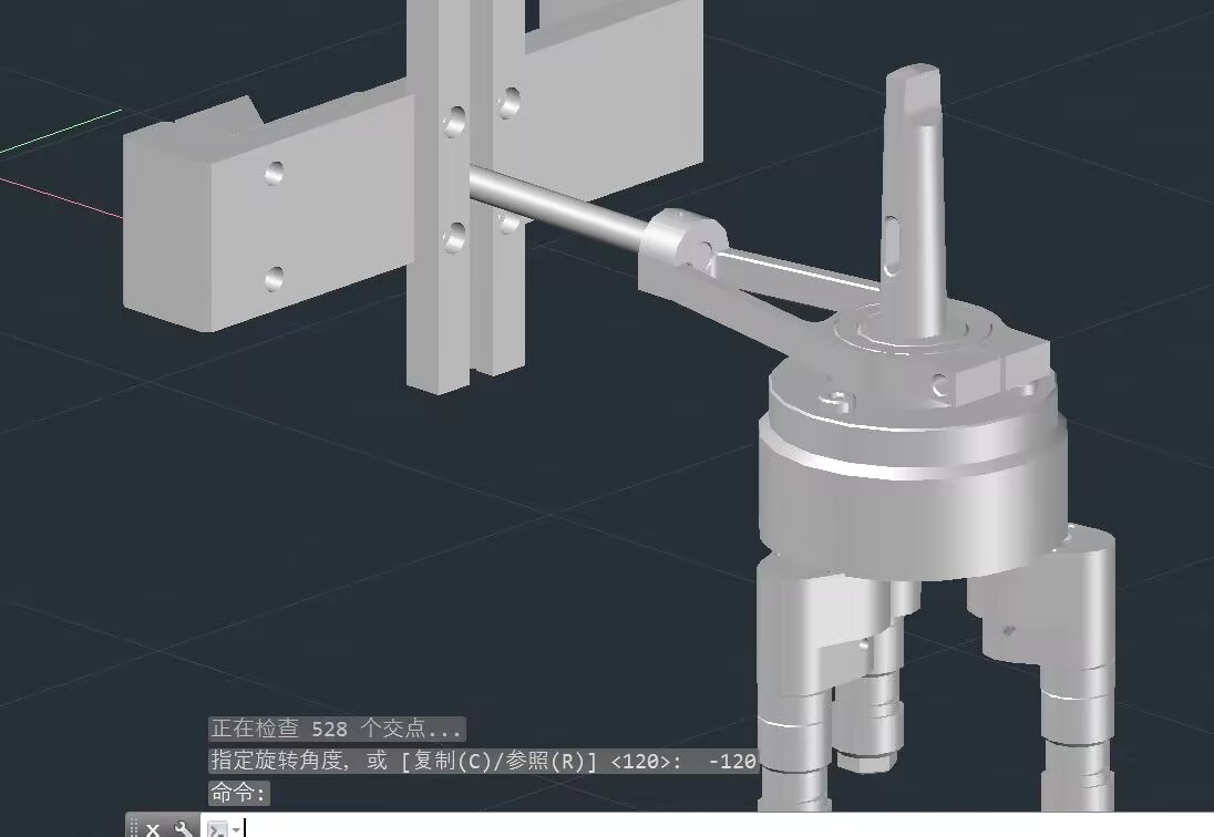 机械结构的 CAD 实体截图,可见圆筒主体、法兰、竖轴、横向连杆与下部三个构件