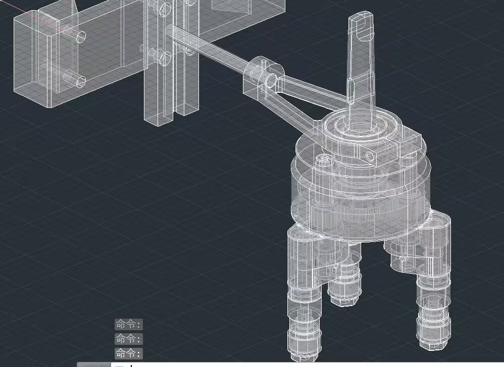 同一机械结构的 CAD 线框截图,可见主体、轴、连杆与下部构件的边线