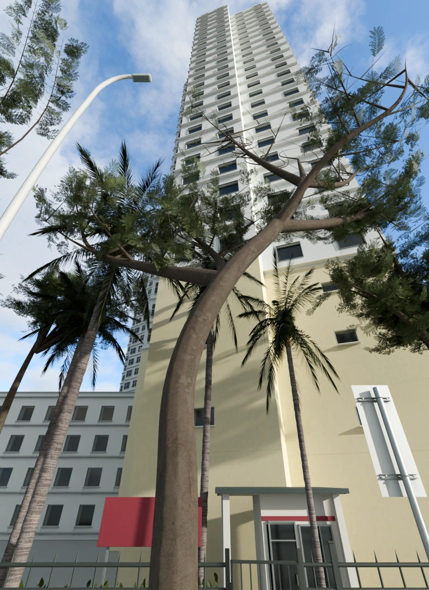 仰视街景，白色与浅黄色高层建筑向上延伸，前景可见树干、棕榈、路灯与沿街围栏，背景为蓝天云层