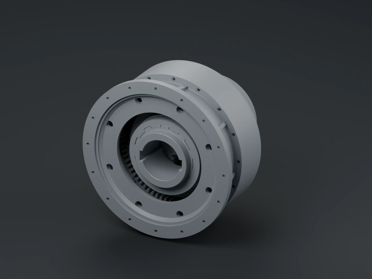 行星减速器 CAD 三维模型，可见壳体、法兰、轴孔和内侧齿形结构