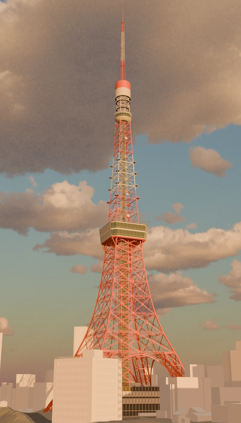 东京塔在当前 Blender 暖色灯光与云层天空中的原摄影机画面，红白色桁架及周边白色建筑清晰可见
