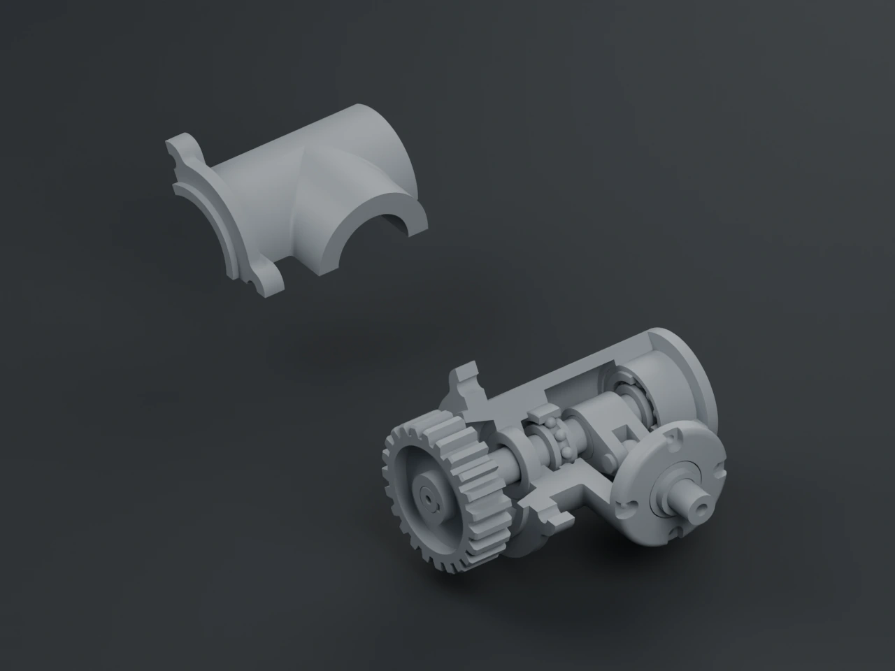 传动箱 CAD 模型，分开的上半箱盖与下半箱体、轴和齿轮保持原有布局